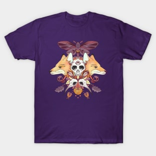 Foxes Hummingbird Skulls Autumn Artwork T-Shirt